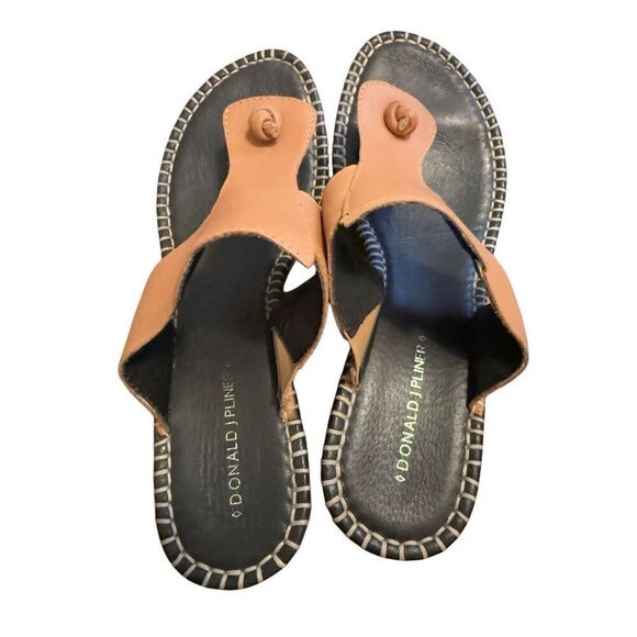 Donald J. Pline Vachetta Heel Wedge Sandal Tan Black Leather Slides Open Toe Wom - Picture 2 of 12